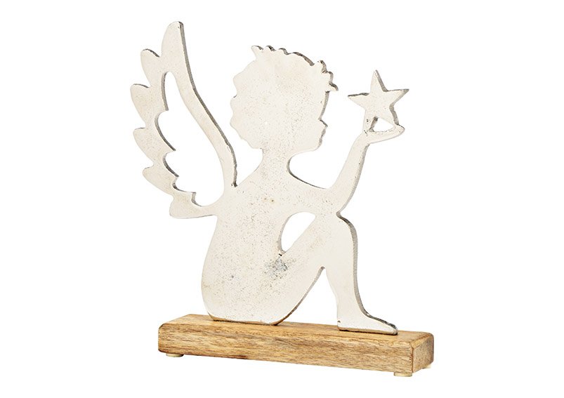 Aufsteller Engel auf Mangoholz Sockel aus Metall Silber (B/H/T) 24x25x5cm