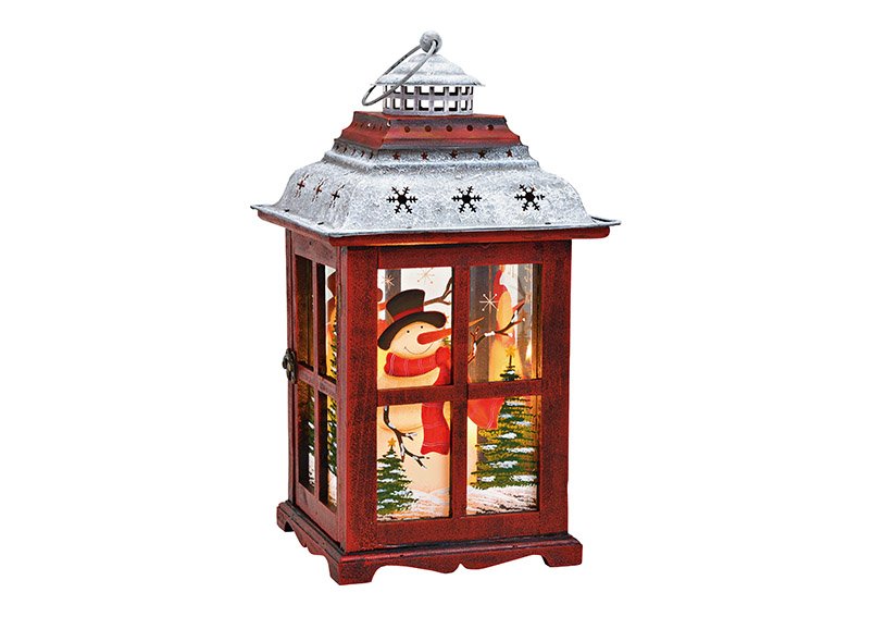Lanterne décor Bonhomme de neige, peinte à la main en métal, verre, bois rouge (L/H/P) 23x42x23cm
