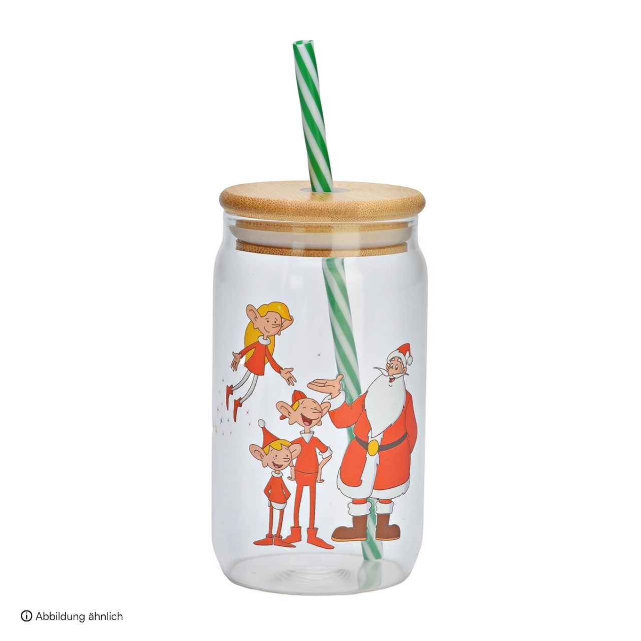 Kerstman & Co. KG Drinkglas met deksel/rietje van glas/bamboe, transparant (B/H/D) 8x13x8cm 470ml Glas, Trinkflasche, Strohhalm, Weihnachtsmotiv, Holzdeckel
