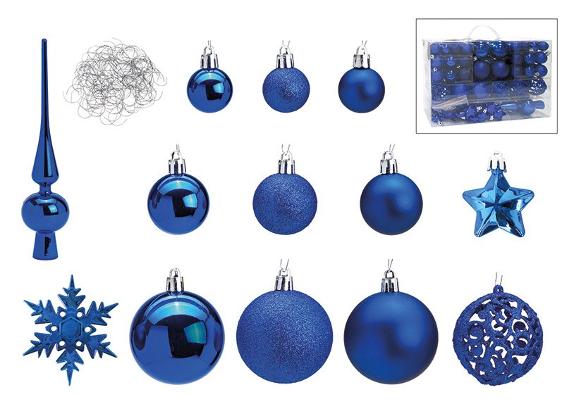 Juego de bolas de Navidad de plástico azul 111 piezas, (c/h/d) 36x23x12cm Ø3/4/6cm