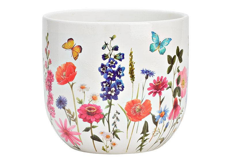 Pot de fleurs décor prairies fleuries en céramique multicolore (L/H/P) 17x16x17cm