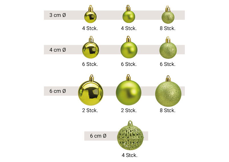 Baubles natalizi in plastica, set di 100, verde Ø3/4/6cm (L/A/D) 35x23x12cm