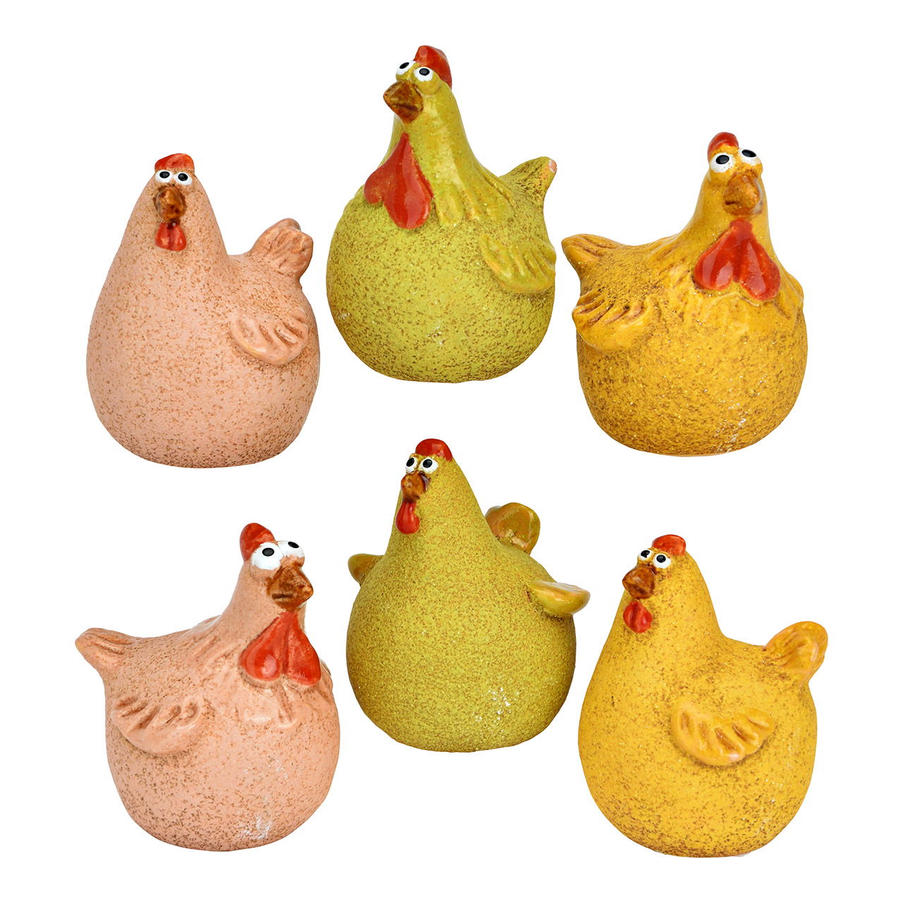 Poules en faïence, 6x, jaune/rose/vert (L/H/P) 5x7x5cm 24pcs. dans une boîte présentoir Tier, Vogel, Hühnchen, Geflügel