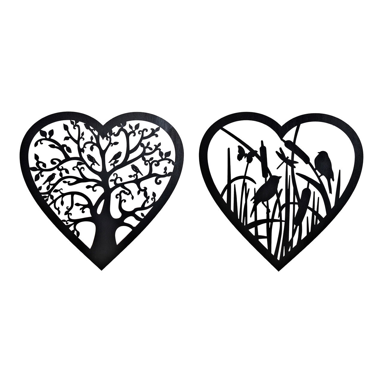 Wall decoration heart tree, bird decor of wood black 2-fold, Ø45cm