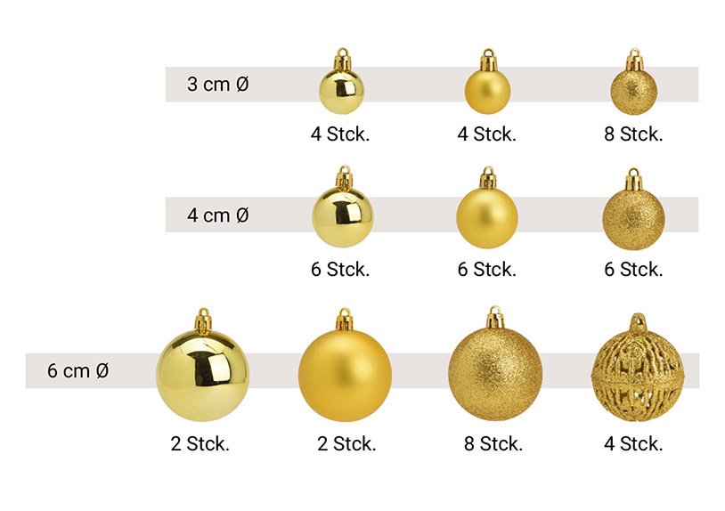 Weihnachtskugeln aus Kunststoff, 50er-Set, Lemon Gold Ø3/4/6cm (B/H/T) 23x18x12cm