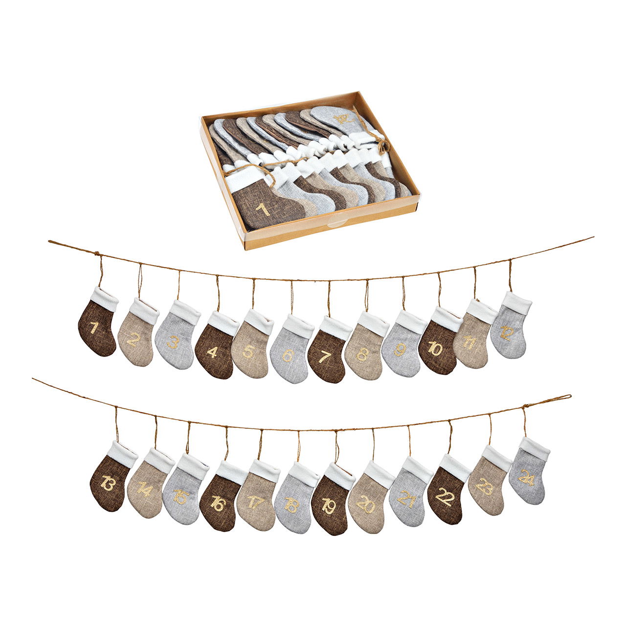 Adventskalender van textiel, 24 sokken (B/H) 9x14cm, bruin 220cm Adventskalender van textiel, 24 sokken (B/H) 9x14cm, bruin 220cm