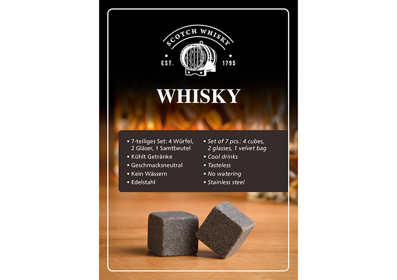 Whisky Stein Set, Eiswüfel aus Basalt Stein, 2cm, 4 Würfel mit 2 Gläser, 9x8x9cm, 300ml, 23,6x11,5x15,8cm