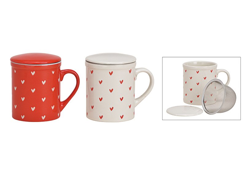 Taza de té decoración corazón con colador metálico de cerámica blanca, roja 2 veces, (c/h/d) 11x10x8cm 340ml