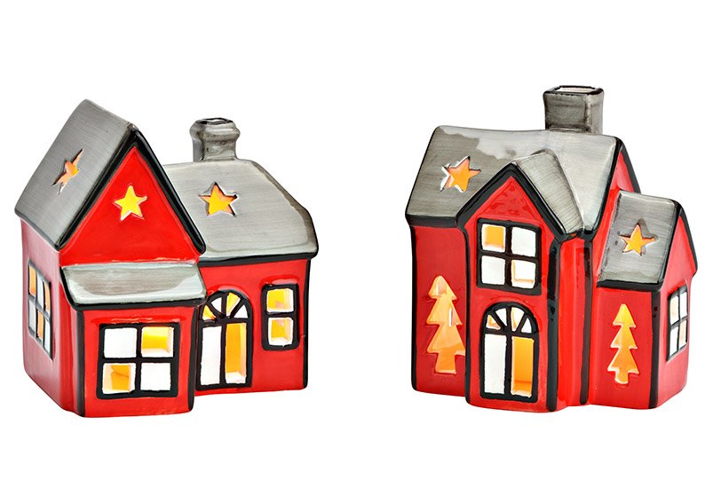 Teelichthalter Haus aus Keramik grau, rot 2-fach, (B/H/T) 11x12x9cm