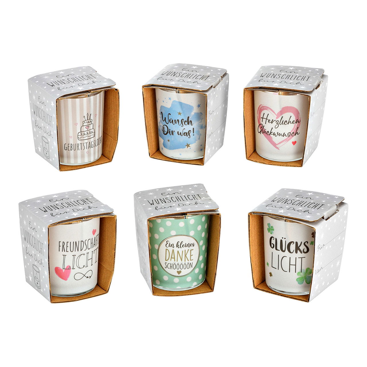 Windlicht Wunschlicht mit Sprüchen aus Glas, 6-fach, Bunt (B/H/T) 5x6x5cm Windlicht Wunschlicht mit Sprüchen aus Glas, 6-fach, Bunt (B/H/T) 5x6x5cm