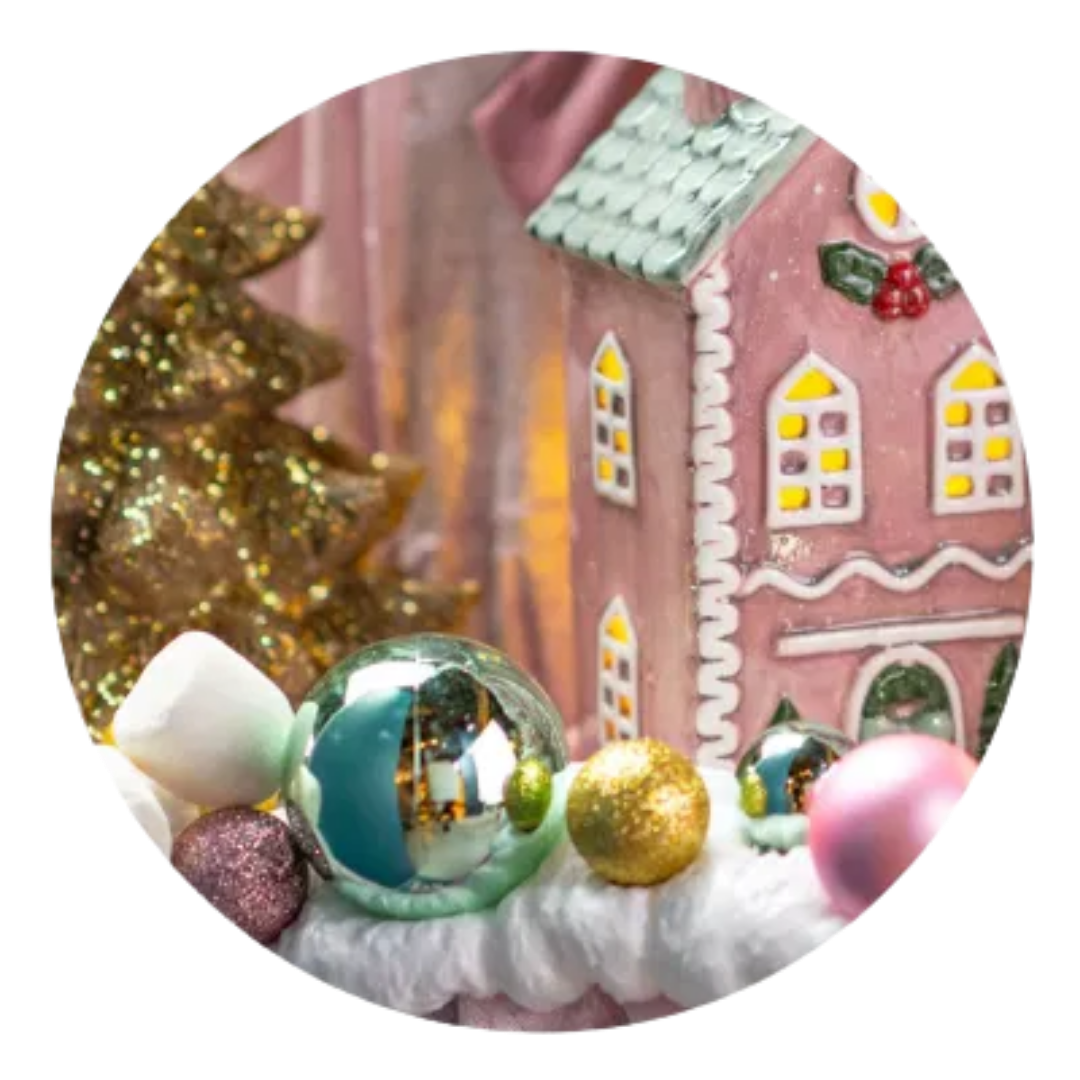 Weihnachtsdeko, Miniaturhaus, Zuckerhaus, Glitzerkugeln, Schneeornament