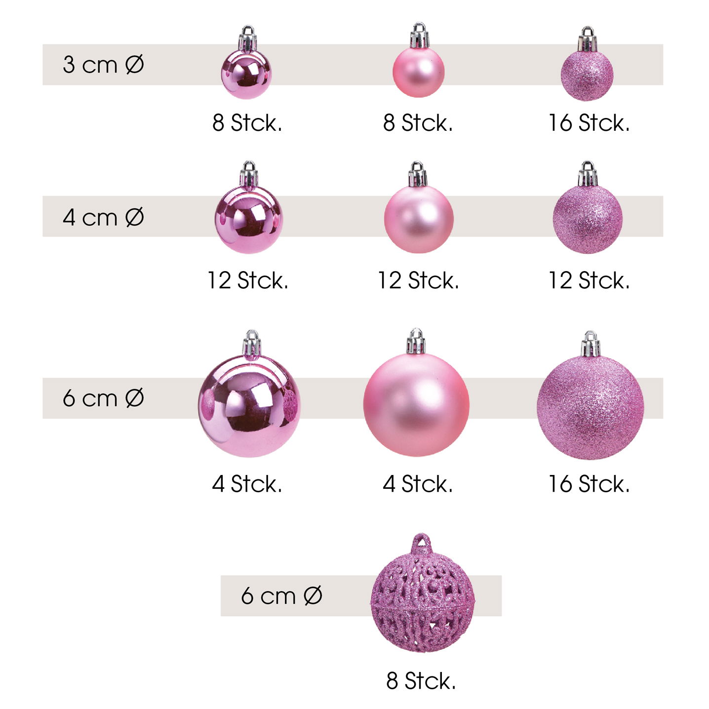Weihnachtskugeln aus Kunststoff, 100er-Set, Rose Ø3/4/6cm (B/H/T) 35x23x12cm