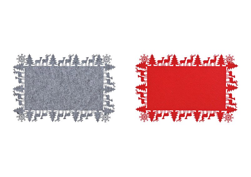 Set de table Forêt d'hiver, décor élan en feutre rouge, gris 2 fois, (L/H) 44x30cm