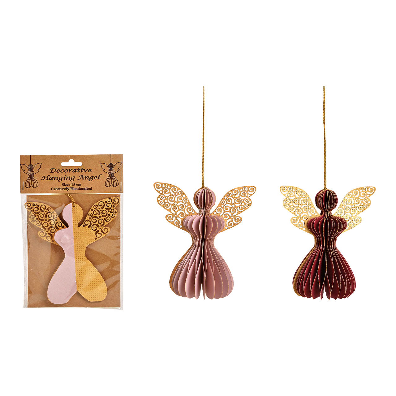 Hanger angel, honeycomb, with gold glitter, paper, red, rosa 2 asst 14x14x8cm