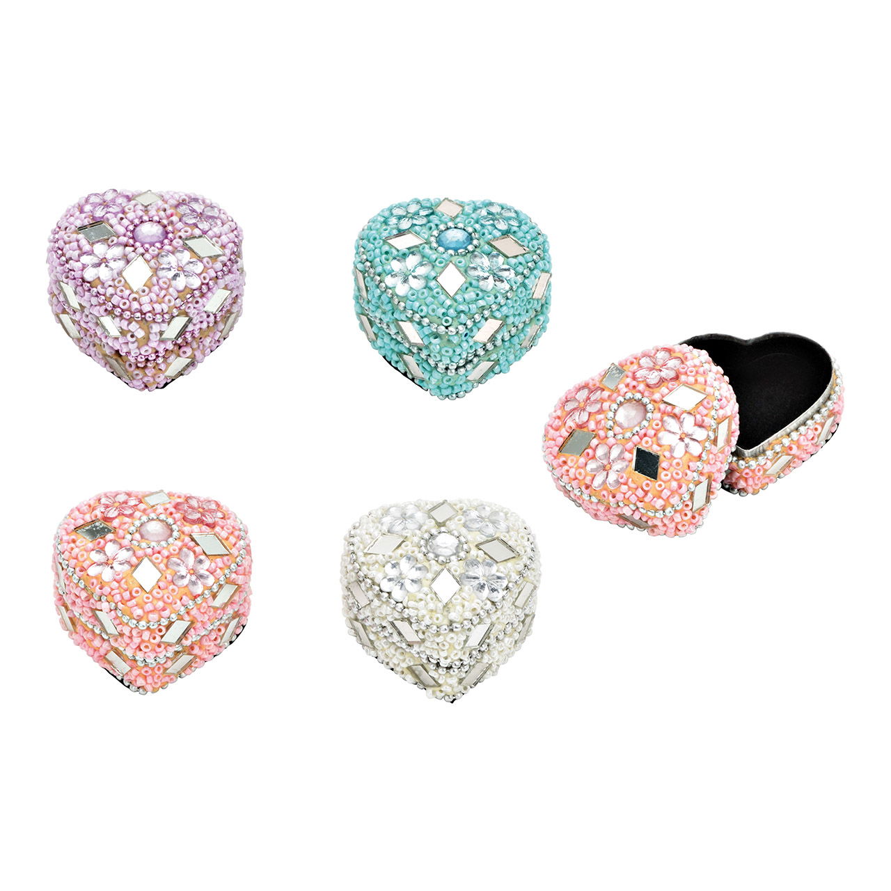 Heart box with glass bead decor made of metal white, purple, pink, blue 4-fold, (W/H/D) 4x3x4cm