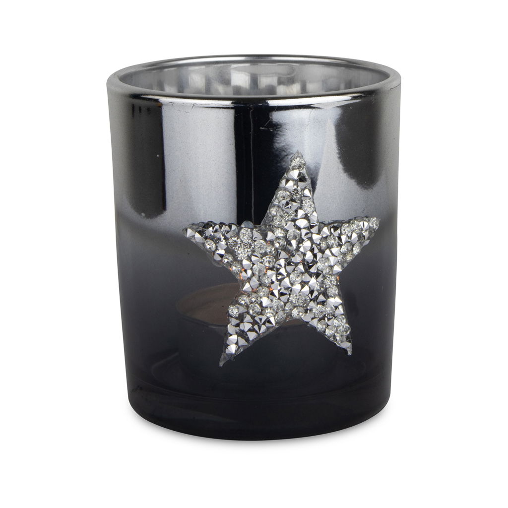 Teelichtglas mit Stern , Glas, 7x8.2cm, 1 Stck, blau-silber