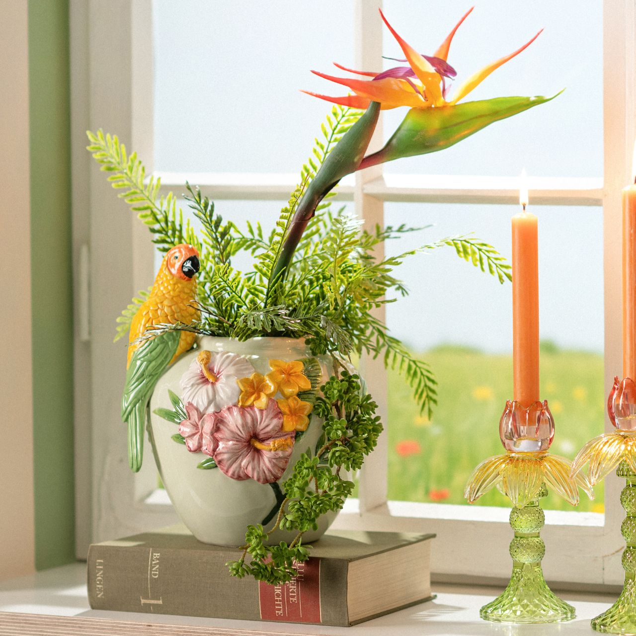 Ceramic parrot/flowers vase, colorful (W/H/D) 21x25x20cm Blume, Blumen-Arrangement, Pflanze, Fenster, Fensterbank