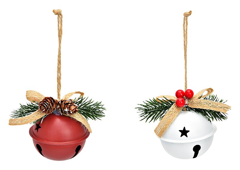 Weihnachtshänger Glocke aus Metall Weiß, rot 2-fach, (B/H/T) 10x8x6cm Ø6cm