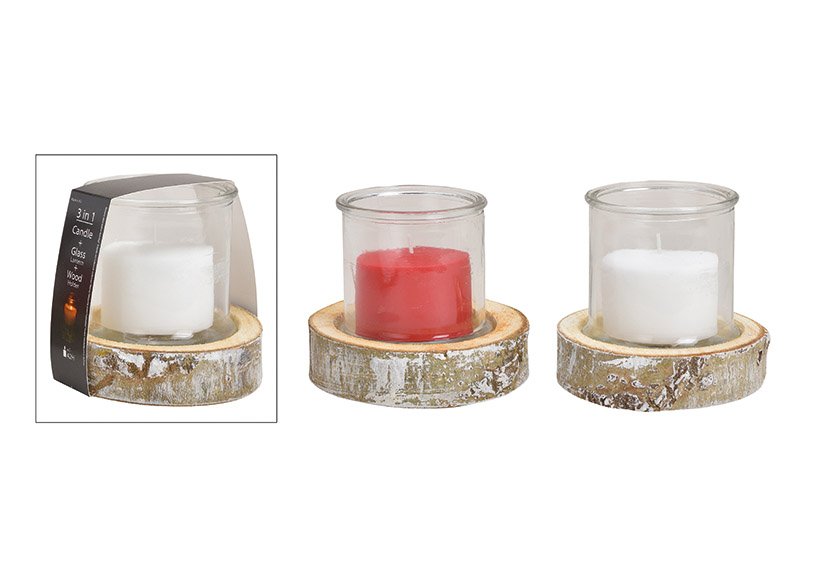 Windlight set,3 in one, glass 13x13cm wooden base, 16x4x16cm, candle 8.8x6cm made of glass white, red set of 3, 2 asst, (w / h / d) 15x16x15cm