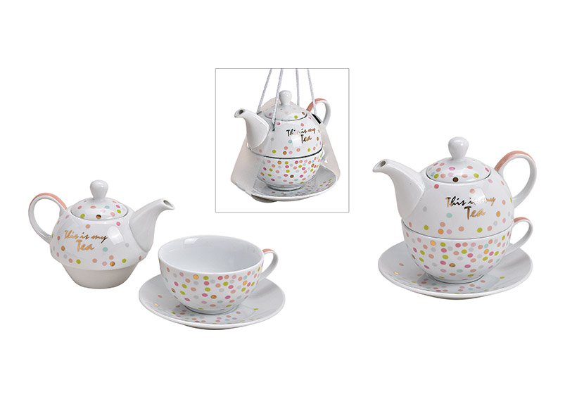 Set de théières This is my tea, décor de points, en porcelaine blanche Set de 3, (L/H/P) 15x16x15cm 400ml, 250ml