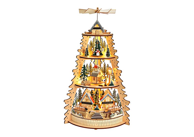 Pyramide de Noël en bois naturel (L/H/P) 31x52x17cm, fonctionnement sur piles 3xAA non incluses