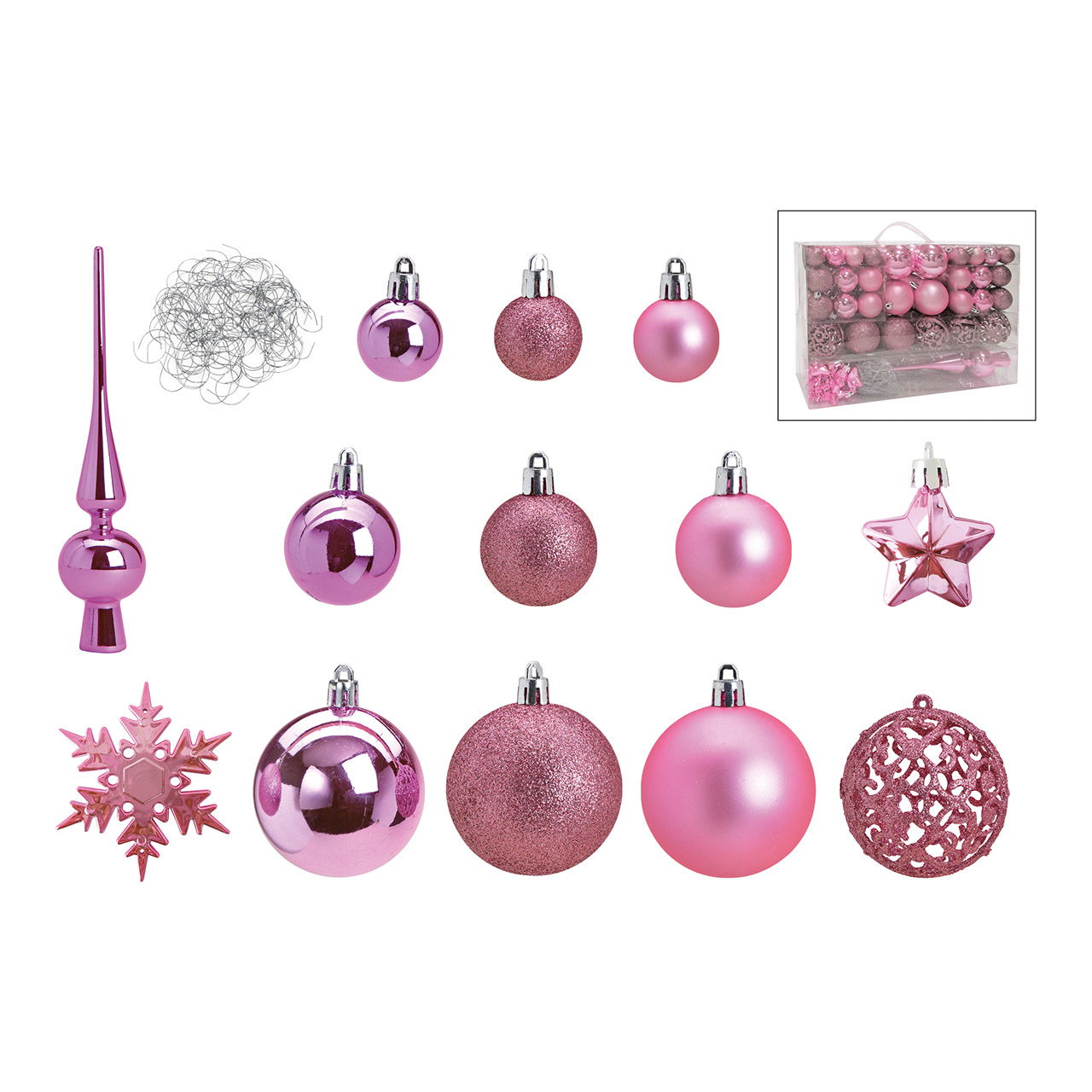 Weihnachtskugeln aus Kunststoff, 111er-Set, Pink/Rosa Ø3/4/6cm (B/H/T) 36x23x12cm Weihnachtskugeln aus Kunststoff, 111er-Set, Pink/Rosa Ø3/4/6cm (B/H/T) 36x23x12cm