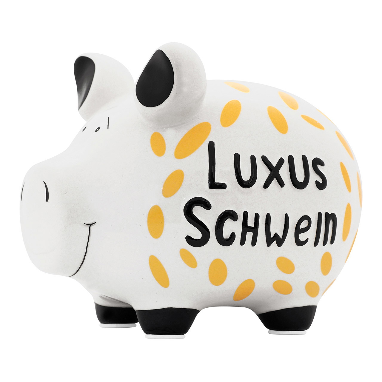 Schweinchen, Sparschwein, Porzellanfigur, Geldsparer, gelb gepunktet