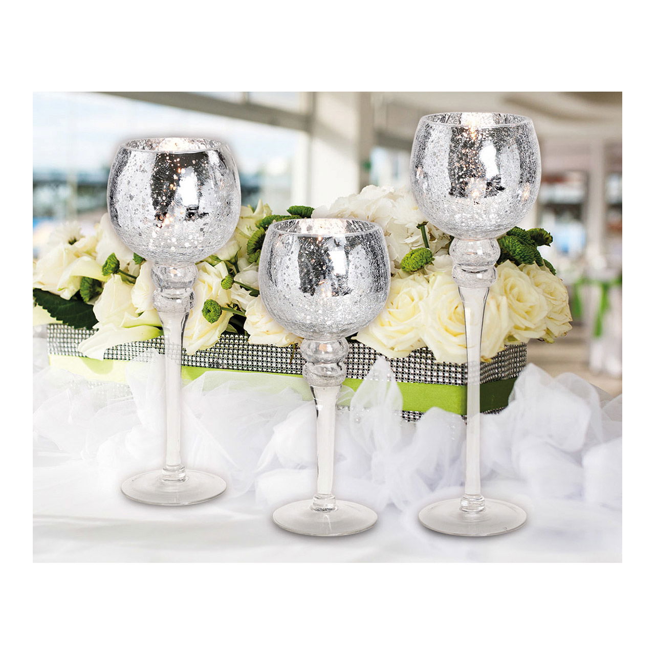 Windlight Set Chalice Cracking Silver 30, 35, 40cm x Ø13cm made of glass set of 3, Windlight Set Chalice Cracking Silver 30, 35, 40cm x Ø13cm made of glass set of 3,