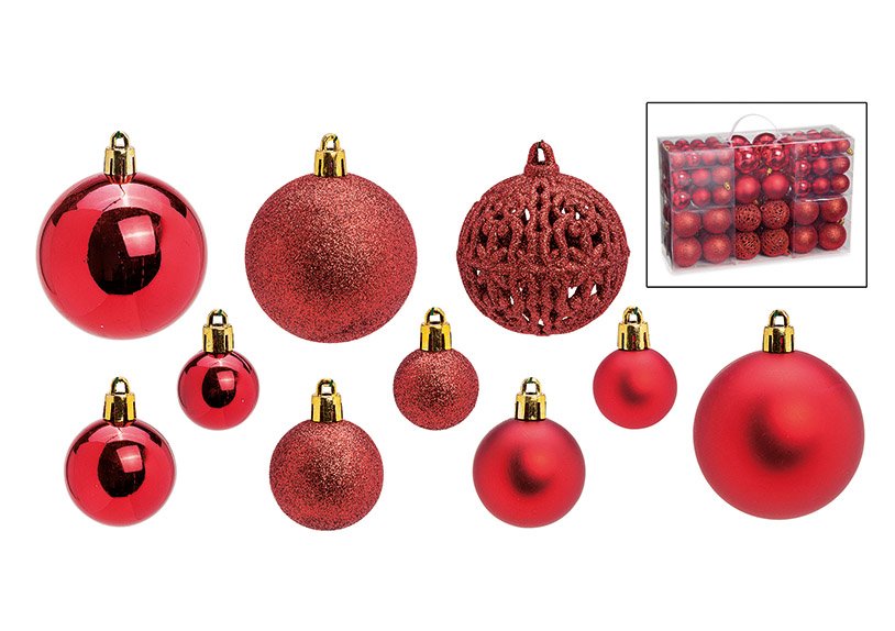 Weihnachtskugeln aus Kunststoff, 100er-Set, Rot Ø3/4/6cm (B/H/T) 23x35x12cm