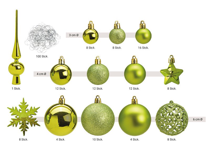 Juego de bolas de Navidad de plástico verde 111 piezas, (c/h/d) 36x23x12cm Ø3/4/6cm