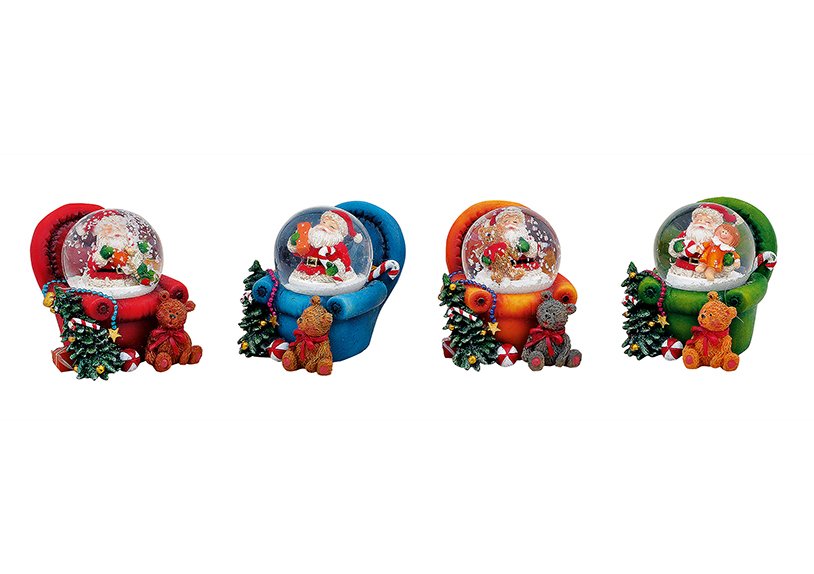 Globo di neve Babbo Natale su poltrona in poly, 4 assortiti (L/H/D) 4x6x4 cm