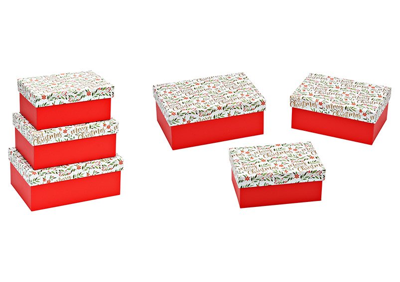 Set de boîtes cadeaux Merry Christmas, décor feuilles, set de 3, en papier/carton rouge (L/H/P) 21x8x14cm, 19x8x13cm, 17x7x11cm