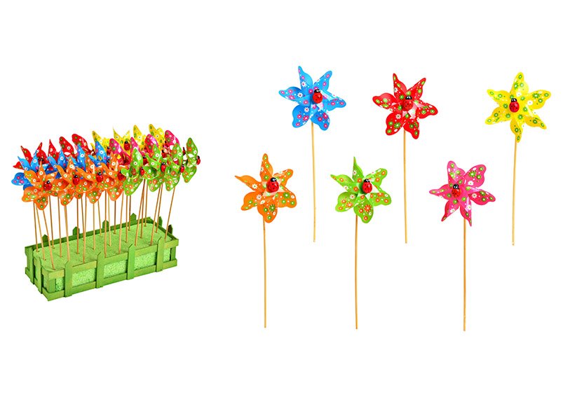 Flower stick windmill with flowers and ladybag decor, made of wood plastic, coloured 6-fold, (W/H/D) ) 9x27x5cm