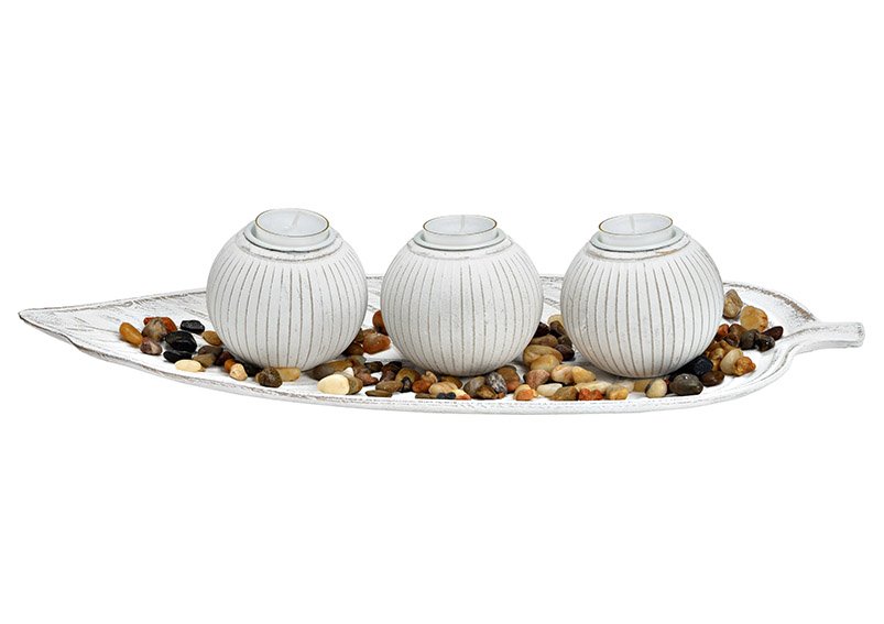 Porta tealight 3s su vassoio con pietre in legno bianco (L/H/D) 45x10x18cm