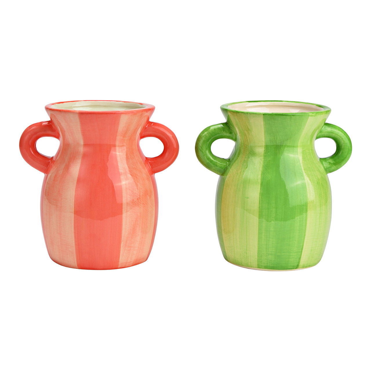 Striped ceramic vase 2-fold, green/pink (W/H/D) 15x16x11cm