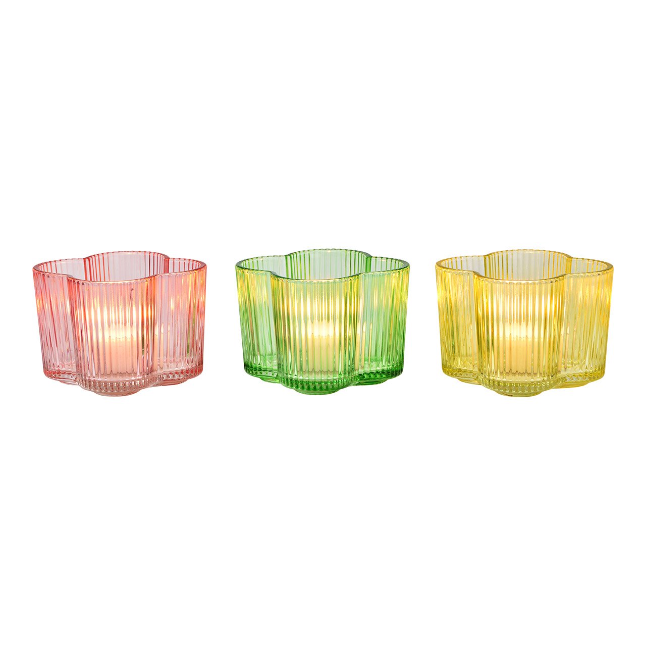 Glass tealight holder flower, 3assorted, pink/green/yellow (W/H/D) 10x8.5x10cm