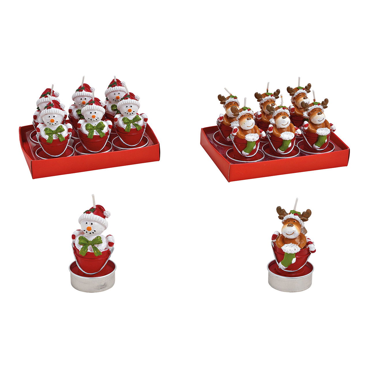 Teelicht-Set Elch, Schneemann im Eimer 4x7x4cm aus Wachs Bunt 6er Set, 2-Fach, (B/H/T) 13x7x9cm Teelicht-Set Elch, Schneemann im Eimer 4x7x4cm aus Wachs Bunt 6er Set, 2-Fach, (B/H/T) 13x7x9cm
