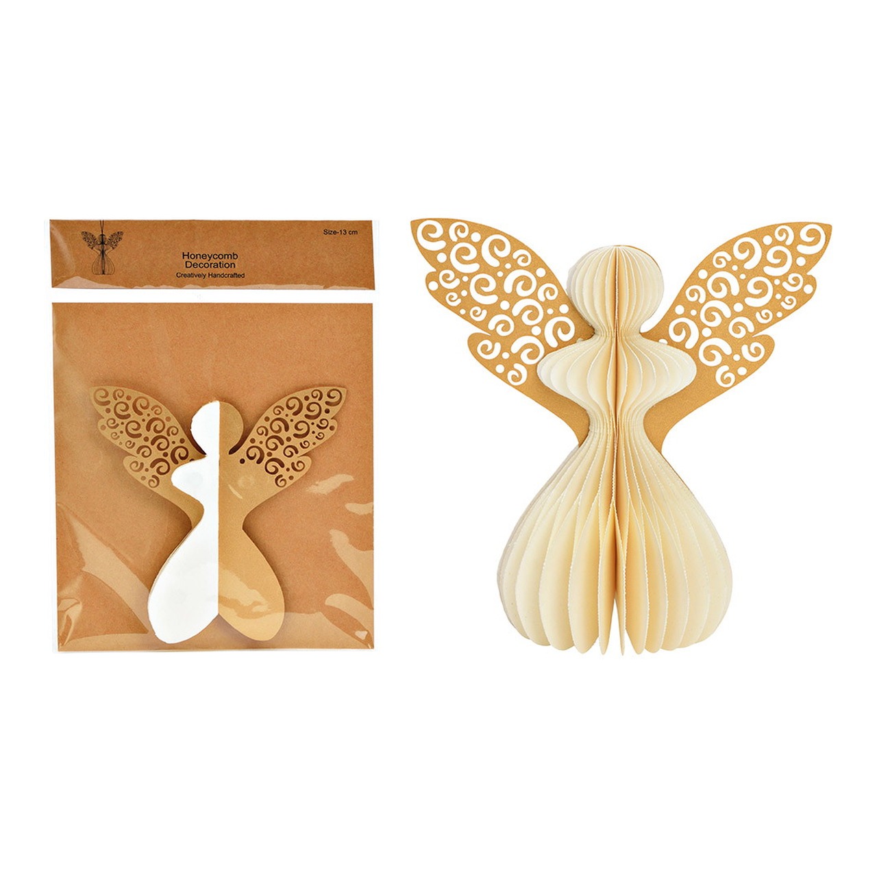 Weihnachtshänger Honeycomb Engel aus Papier/Pappe, Weiß (B/H/T) 14x14x8cm Besteck, Zubehör, Ohrring, Schmuck, Engel-Dekoration, Papierornament, Wabenstruktur, Goldene Flügel, Ausschneidemuster