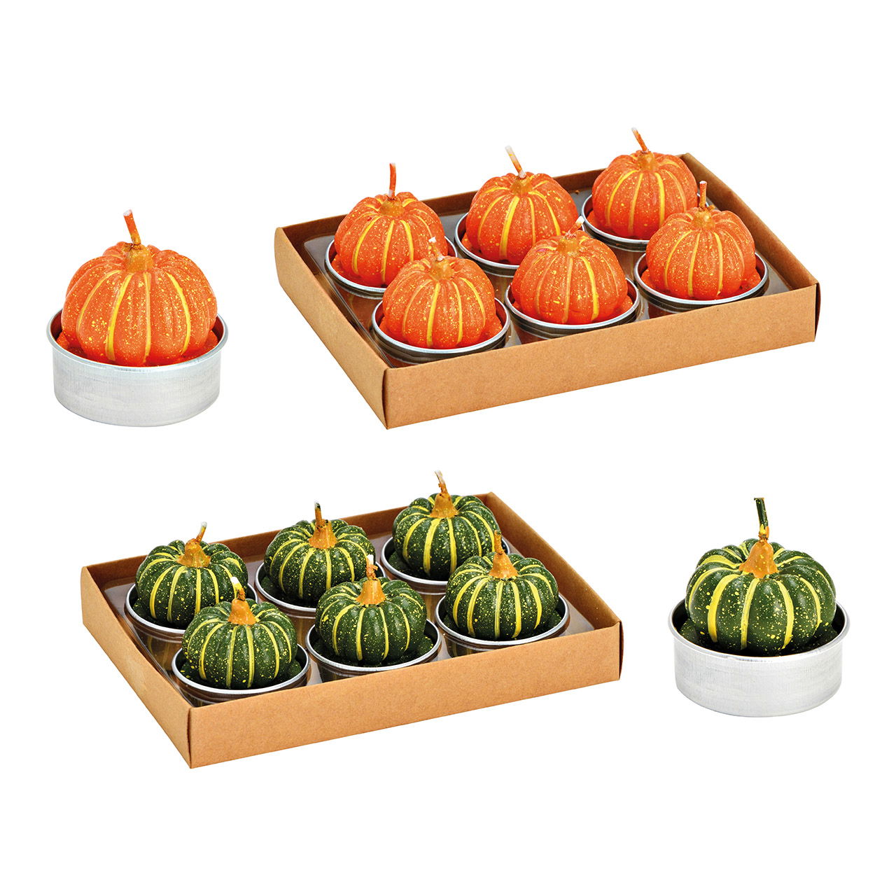 Lot de 6 bougies chauffe-plat citrouille, en cire orange, vert 2 fois, (L/H/P) 4x4x4cm