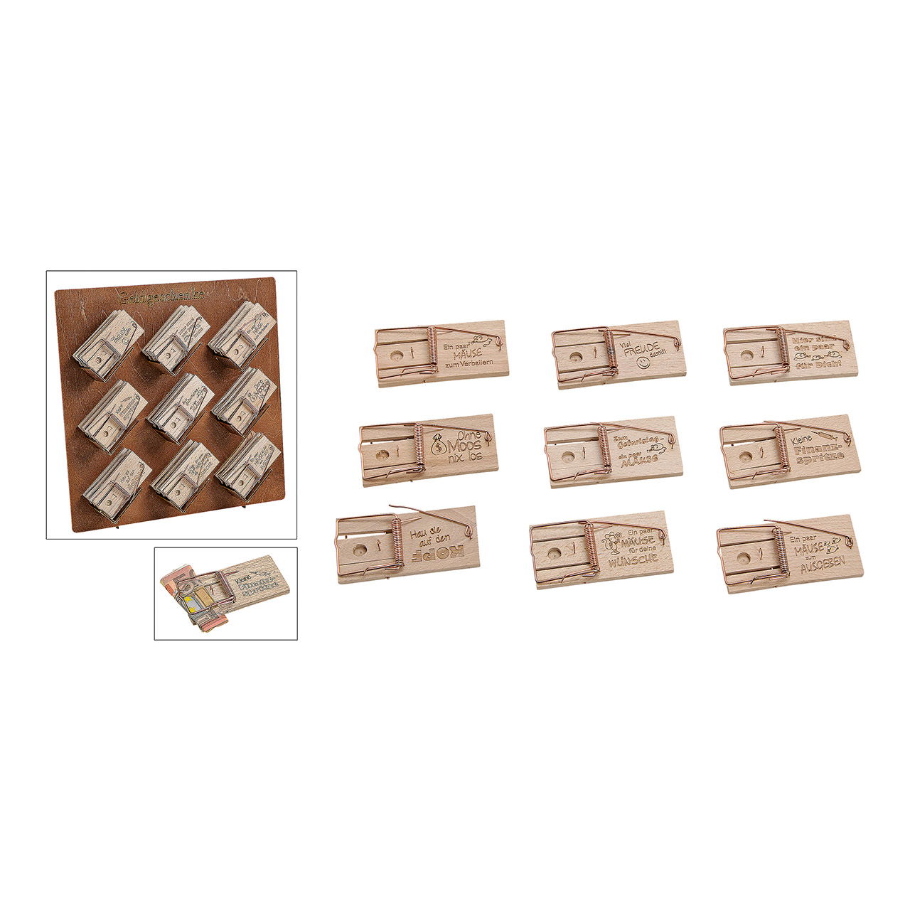 Houten display, geld geschenken muizenvallen 27 st. op display gemaakt van hout natuur 9-voudig, (w/h/d) 5x10x2cm