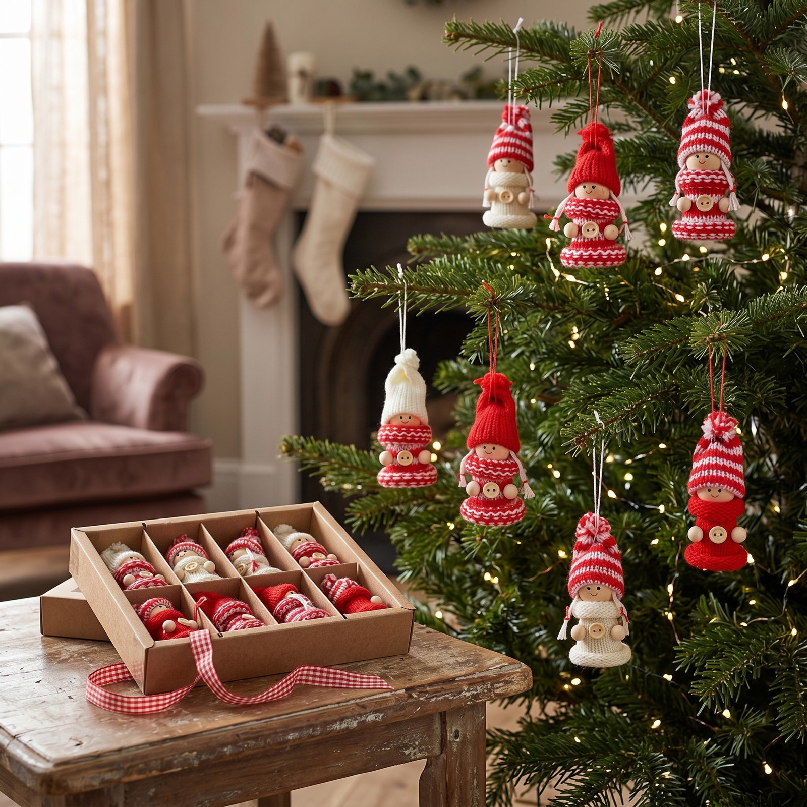 Weihnachtsbaumschmuck, Kugeln, Hänger, Kinderfigur, Rot-Weiß