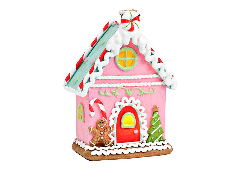 Gingerbread house with LED, exclusive 2xAAA made of poly pink (W/H/D) 11x16x6cm