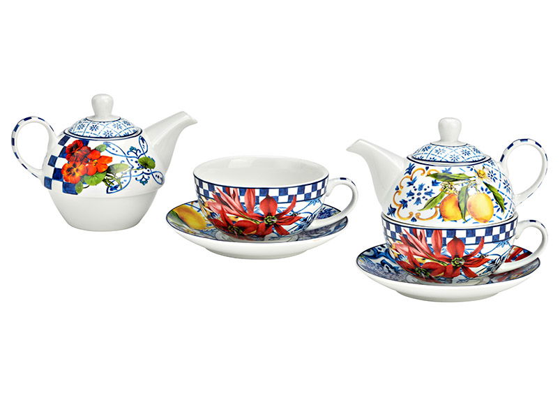 Set de 3 théières avec décor floral, en porcelaine multicolore (L/H/P) 16x16x14cm