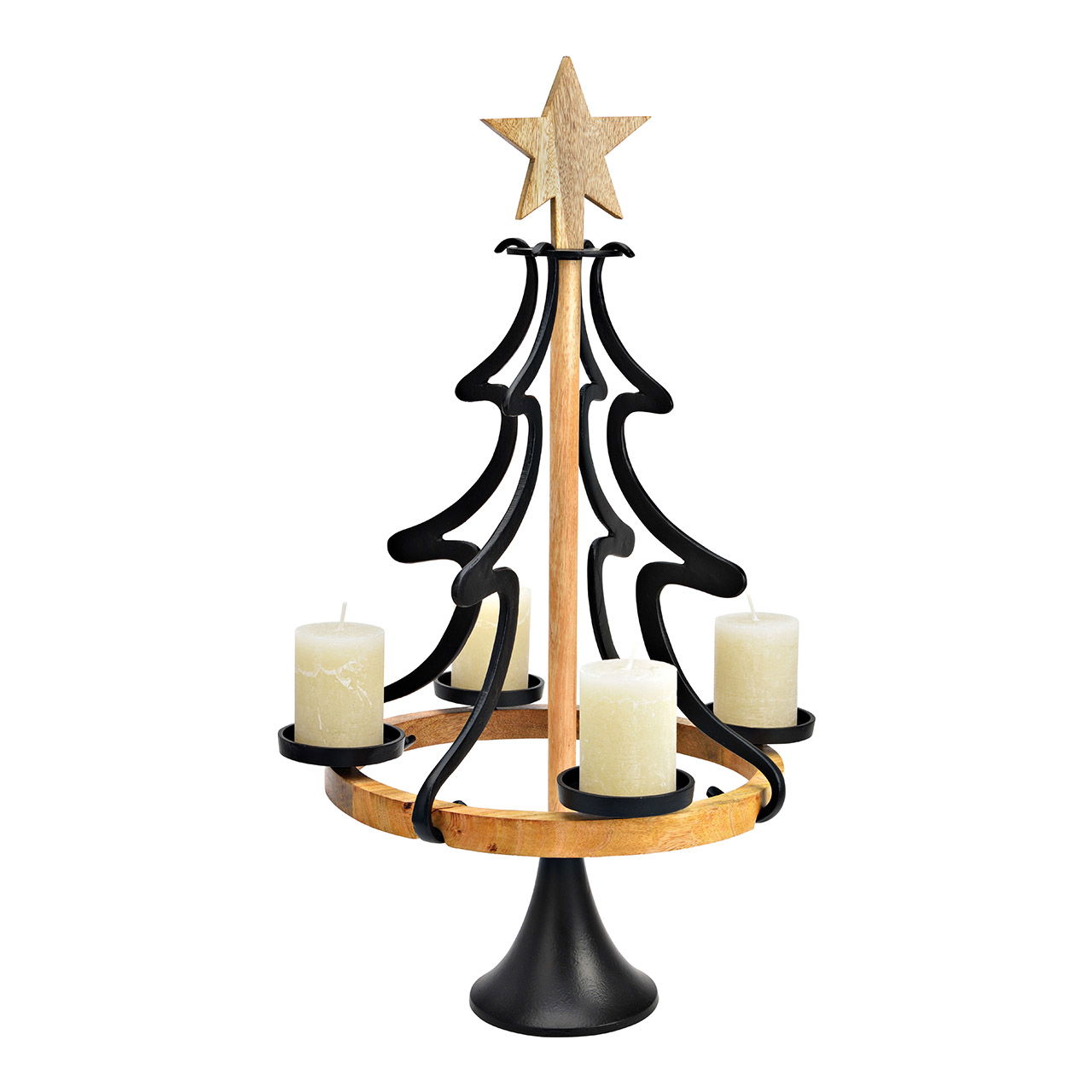 Decorazione dell'Avvento, albero di Natale per 4 candele 8cm, in metallo, legno di mango nero (L/H/D) 43x75x43cm