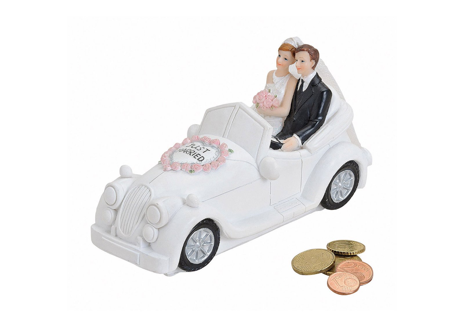 Tirelire voiture de mariage en poly, L16 x P7 x H9 cm