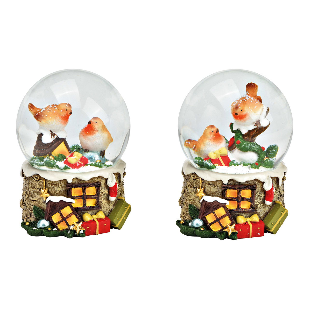 Snow globe bird, Christmas motif made of poly/glass colorful 2-fold, (W/H/D) 6x9x7cm Snow globe bird, Christmas motif made of poly/glass colorful 2-fold, (W/H/D) 6x9x7cm