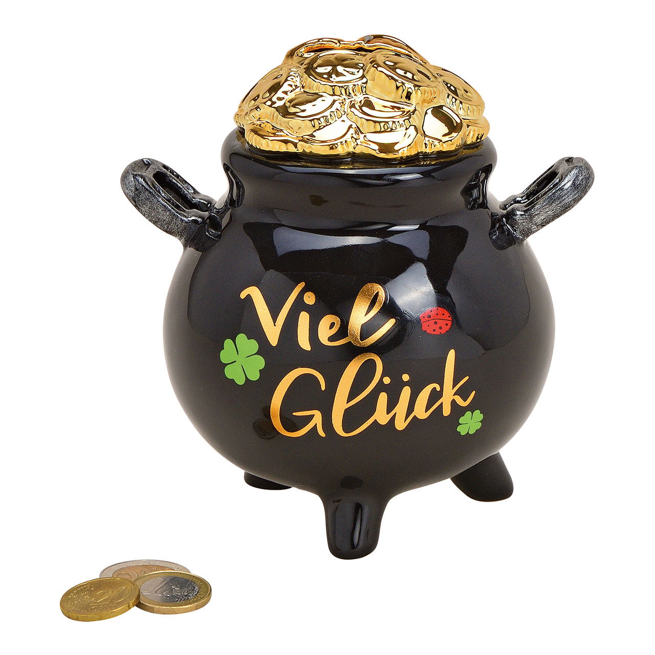 Money box money pot, good luck, made of ceramic black, gold (w / h / d) 13x13x13cm