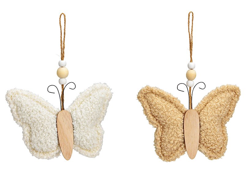Hanger vlinder van textiel beige, wit 2-voudig, (B/H/D) 14x10x3cm