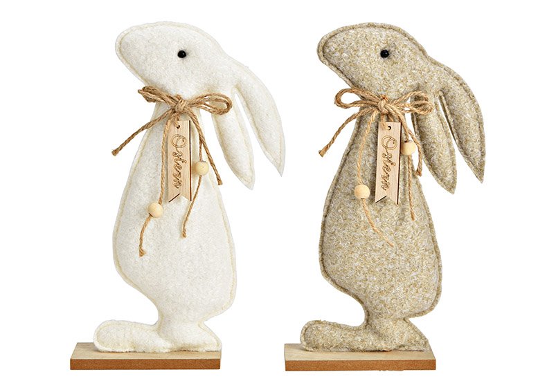 Stand rabbit on wooden base of textile natural. white 2-fold, (W/H/D) 14x28x5cm