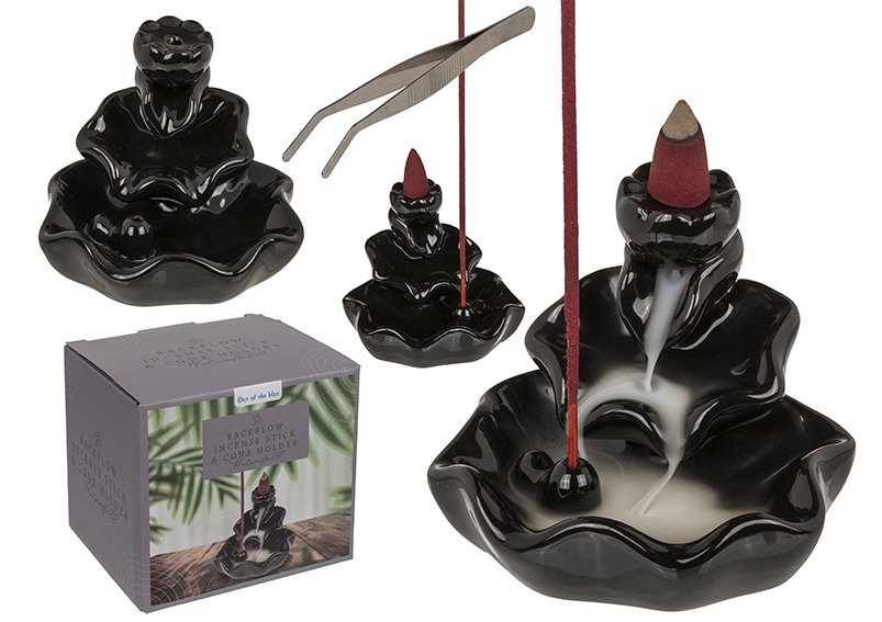 Reflux incense sticks, incense cone holder, ceramic waterfall black (W/H/D) 10x10x10cm